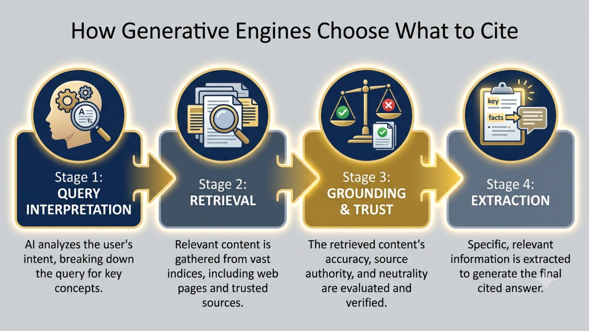 A stylized infographic illustrating the four-step process AI engines use for citation: 1. Analyzing a search query; 2. Retrieving data from vast indexes; 3. Assessing the trustworthiness of source pages; and 4. Extracting and citing key information in the final answer.